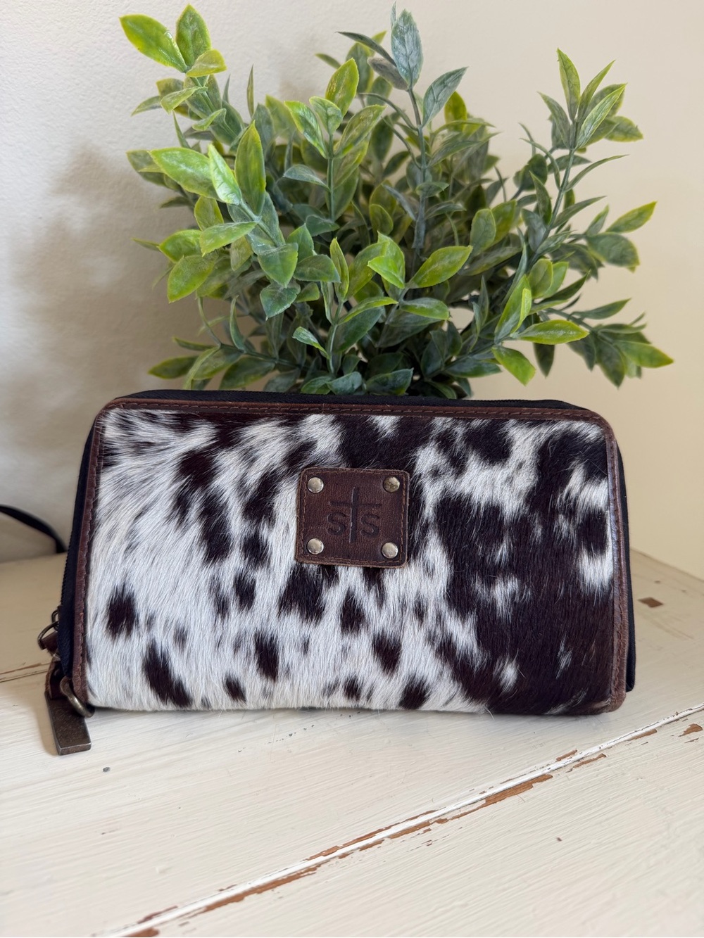 STS Ranchwear Black & White Cowhide Zip Wallet